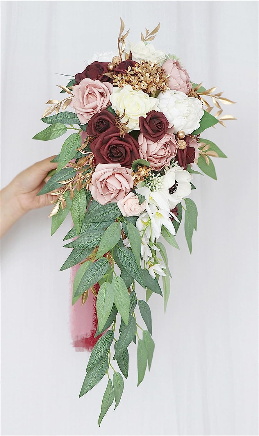 Bukiet kwiatów 9" Dusty Rose Cascading Bridal dla Panny Młodej, sztuczne jedwabne róże, rustykalny wystrój boho ceremonii