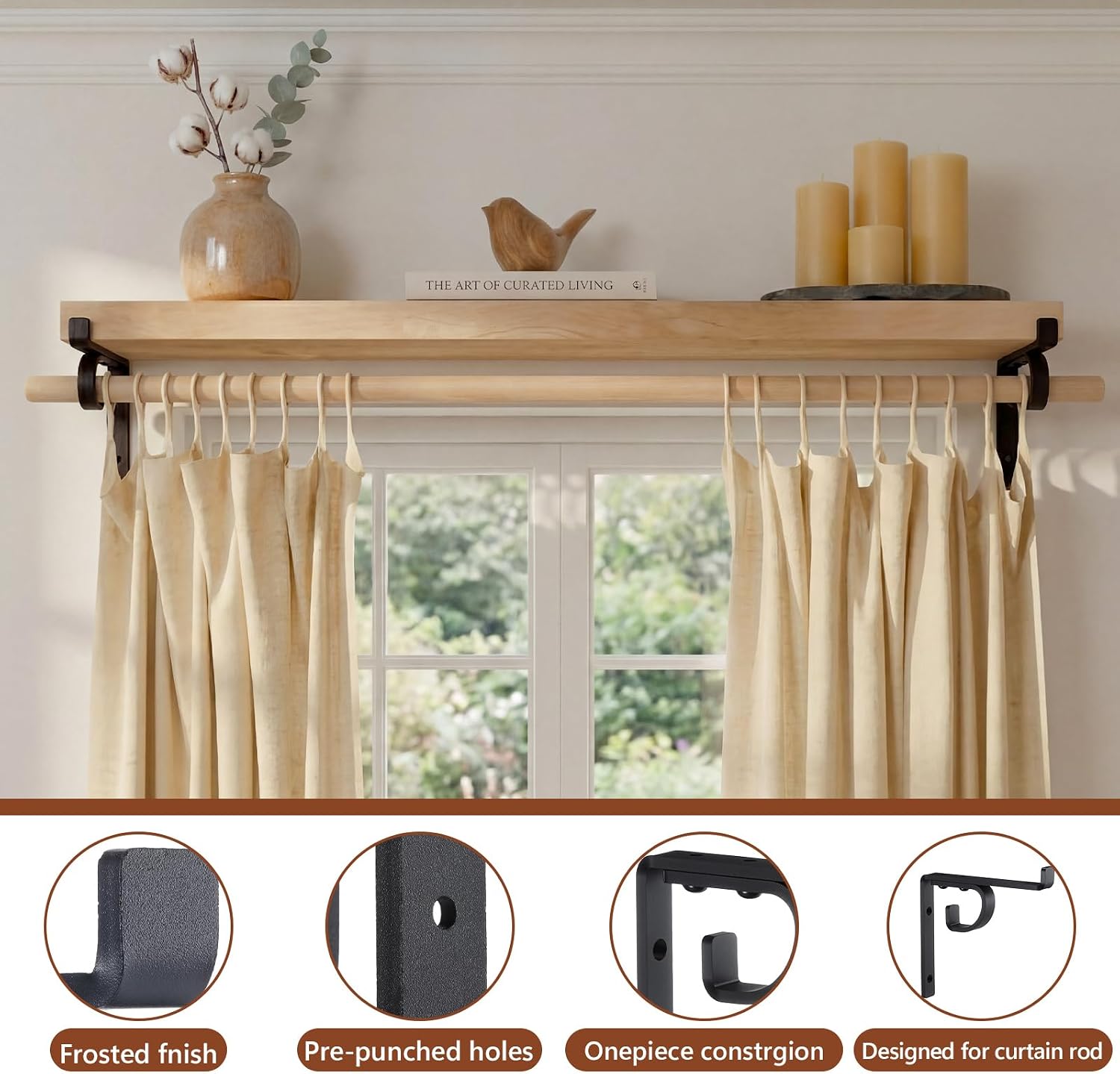 Hicarer 4 Pcs Single Shelf Brackets with Curtain Rod Holder, 8 Inch