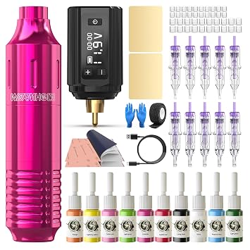 Wormhole Tattoo Gun Kit Wireless Tattoo Practice Machine Kit with 1,200mAh Capacity Batteries 10 Cartridge Needles 10 Tattoo Ink for Tattooists WTK393