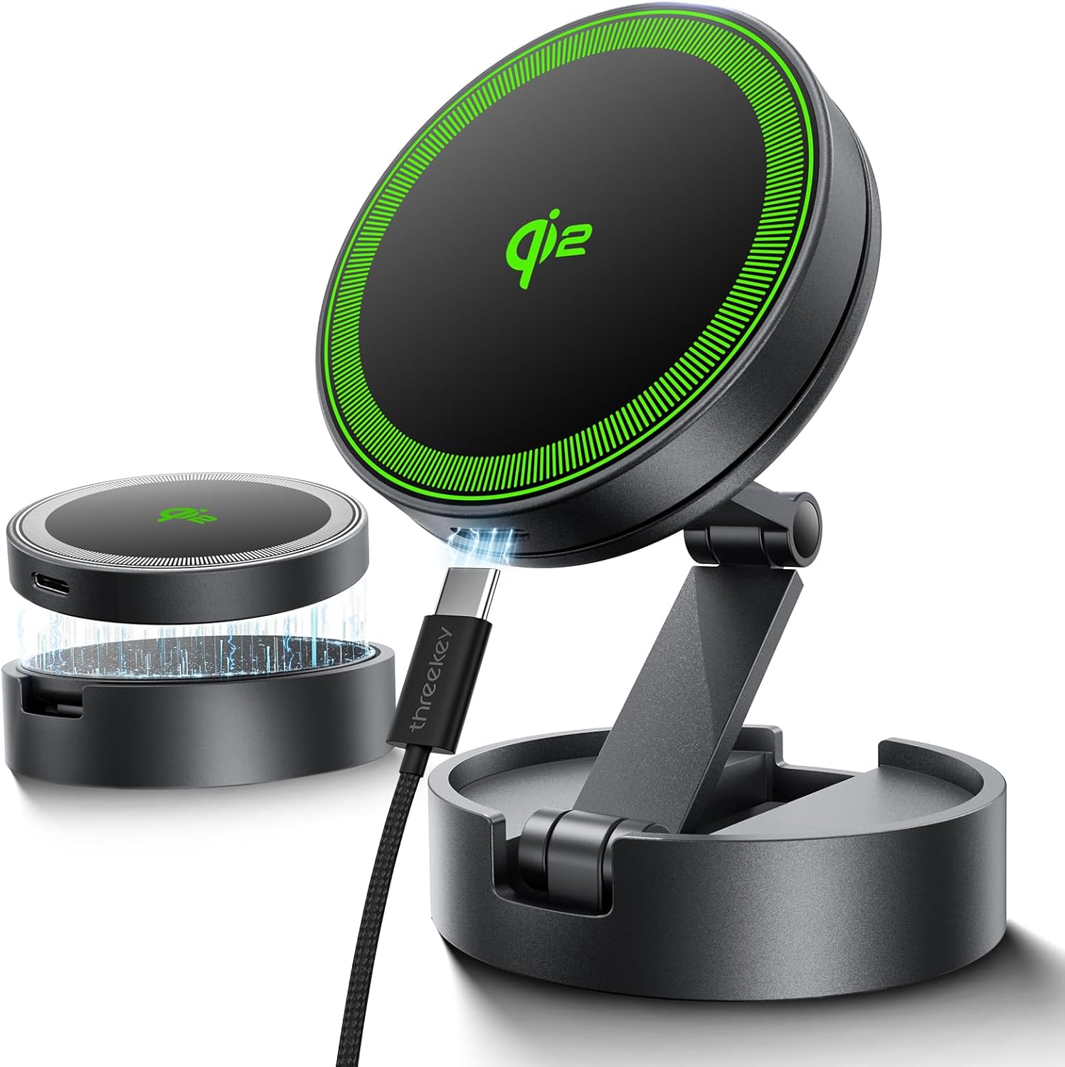 THREEKEY Qi2 Certified MagSafe Car Mount Charger,Car Wireless Charger,15W Magnetic Charger Fast Charging,Retractable Phone Holder with 360Rotation,Car Mount for iPhone17-12&Galaxy S25 Ultra