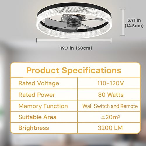 Miniatura 6 de Ventilador de techo de 20 pulgadas con luz, actualizado 2024, ventilador de perfil bajo, ventilador de techo empotrado, 6 velocidades, LED