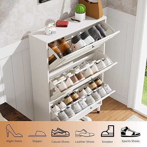 Miniatura 3 de YZU Armario de almacenamiento de zapatos con 3 cajones abatibles, organizador de zapatos estrecho independiente con patas de madera para 18-24 pares