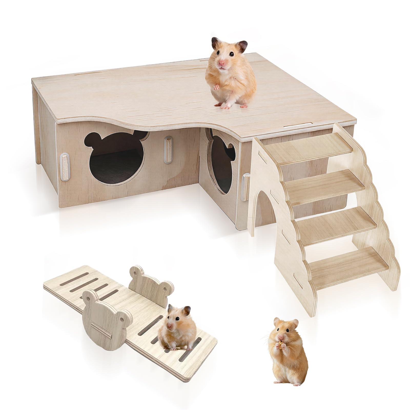 Hamster House Hideout, Wooden Multi Chamber Hamster Hide with Ladder Seesaw and Lid Wood Cage Accessories for Syrian Dwarf Hamsters Mice Gerbils Small Pets