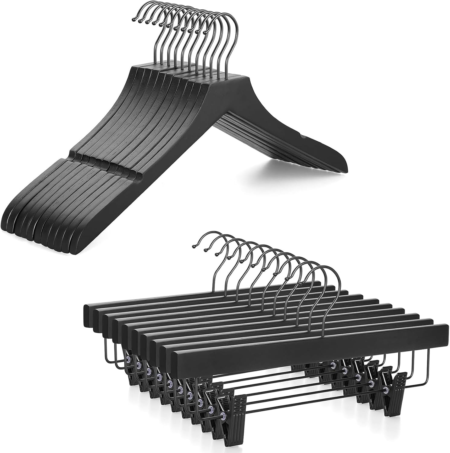 TOPIA HANGER Black Rubber Wooden Hangers 12 Pack with Rubber Wood Pants Hangers 10 Pack