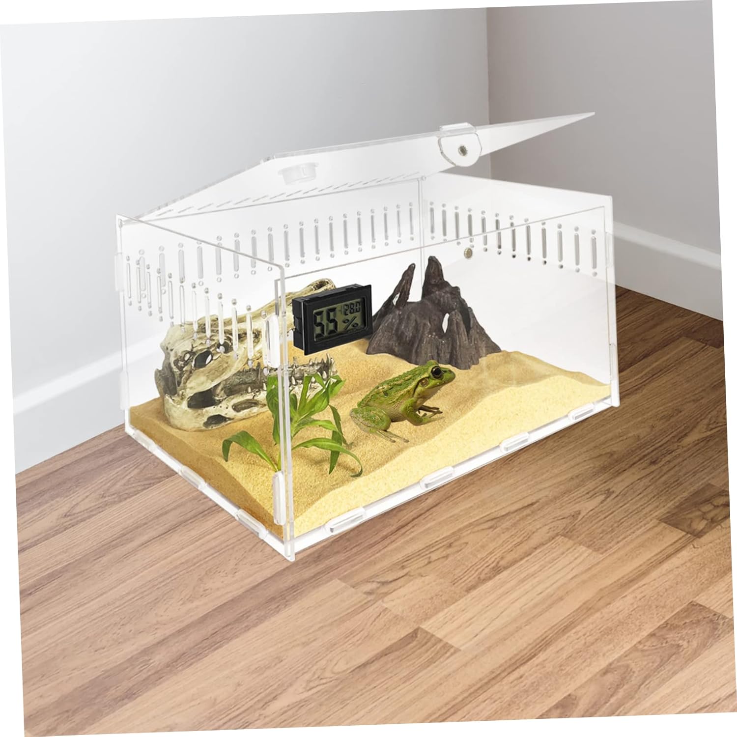 Transparent Portable Reptile Cage with Hygrometer Feeding Box for Snakes Lizards and Small Pets Ventilated Escape Acrylic Terrarium for Outdoor Breeding and Observation