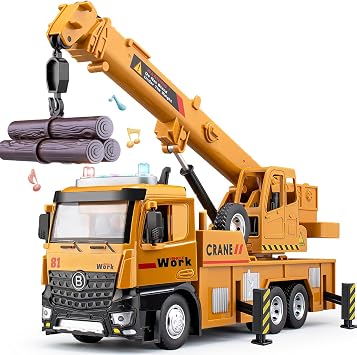 Boy Crane Toys 13.5" Large Crane Truck with Lights and Sounds Openable Door Friction Driven Construction Truck Toy Gift for Kids
