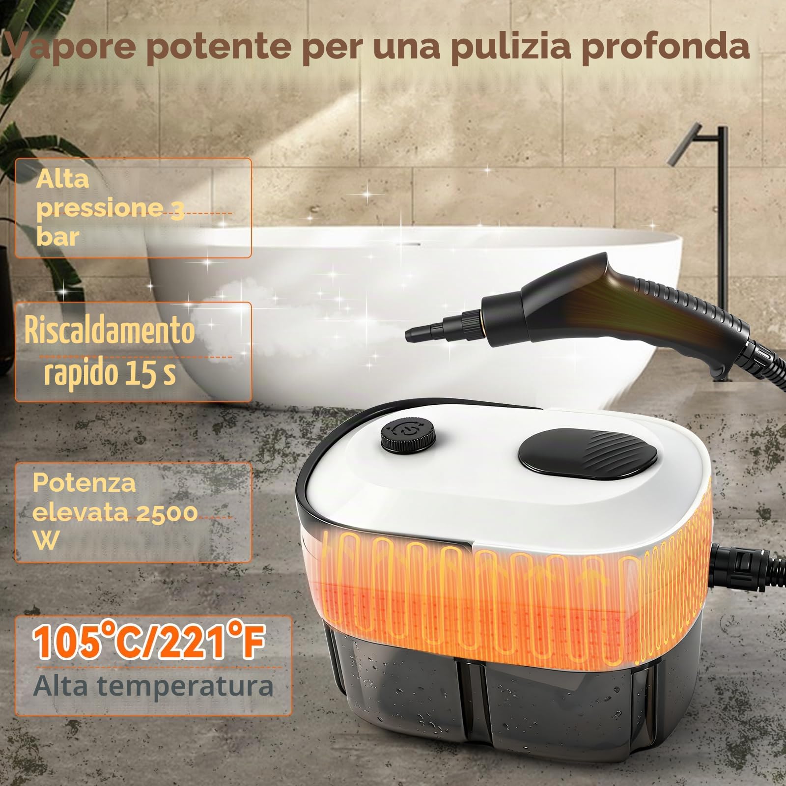 Pulitore a vapore portatile, 2500 W, pulitore a vapore ad alta pressione per casa, serbatoio dell'acqua da 1,6 l, pulitore a vapore regolabile a 3 livelli per finestre della cucina auto