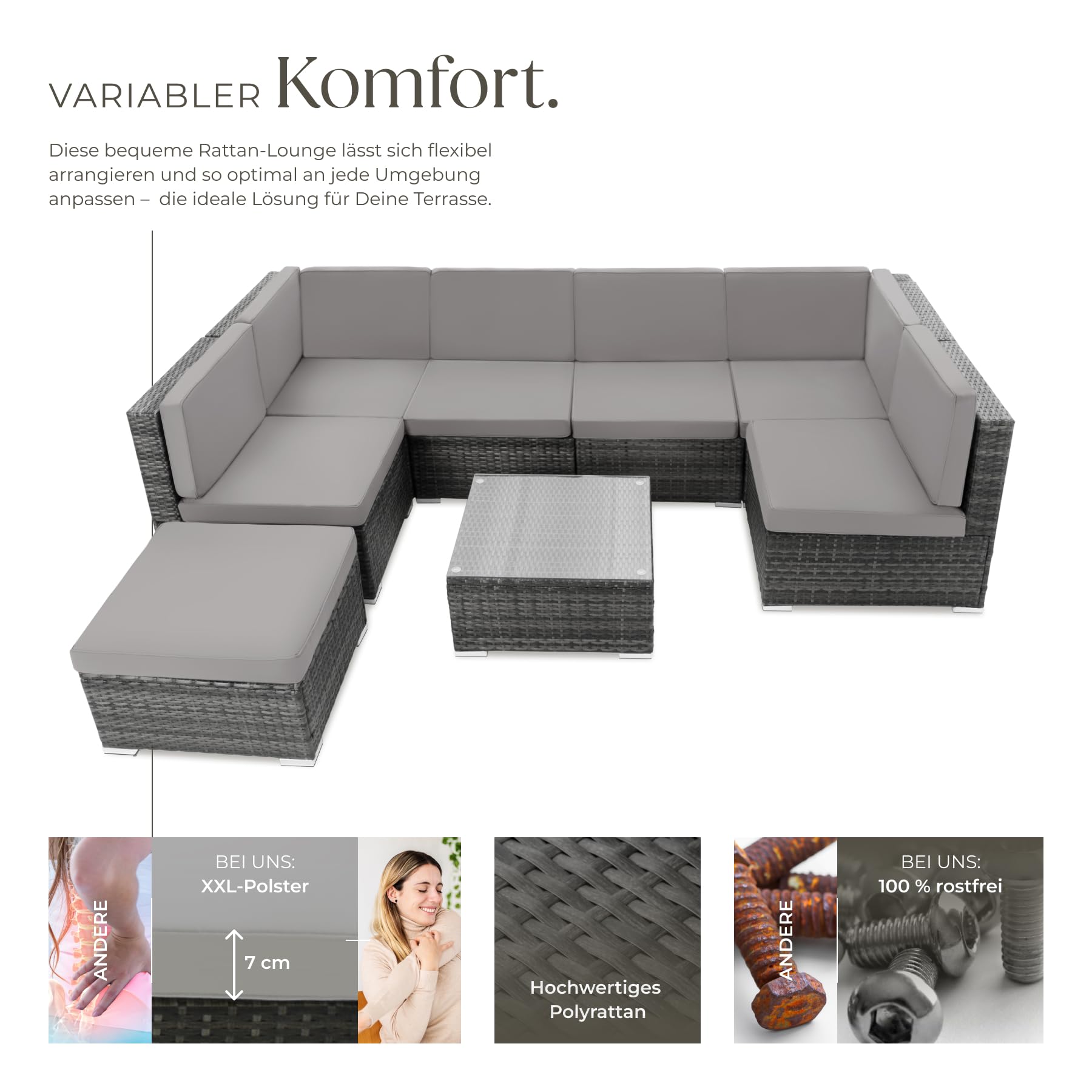 tectake XXL Polyrattan Lounge, Gartenmöbel Set, Sitzgruppe, Balkon Möbel mit 6 Sitze 1 Tisch 1 Hocker, inkl. Sitzkissen, Gartenlounge Outdoor, wetterfest, für Garten, Balkon, Terrasse - grau