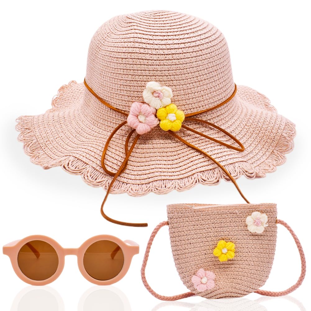 KNBMCAV Sombrero para el Sol para Niñas Mini Bolso de Paja con Decoración de Flores Gafas de Sol Sombreros de Paja para la Playa de Verano Actividades al Aire Libre