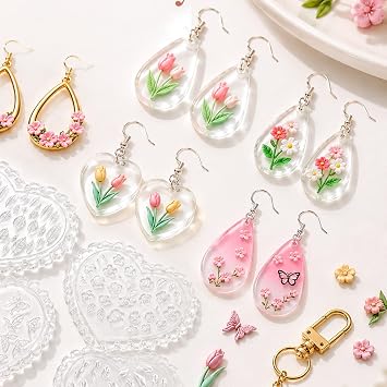 4Pcs Polymer Clay Moulds, Silicone Flower Moulds for Crafting, Peach Blossom Tulip Butterfly Leaf, Air Dry Clay Cutters for Jewelry Making, DIY Earring Keychain Nail Art
