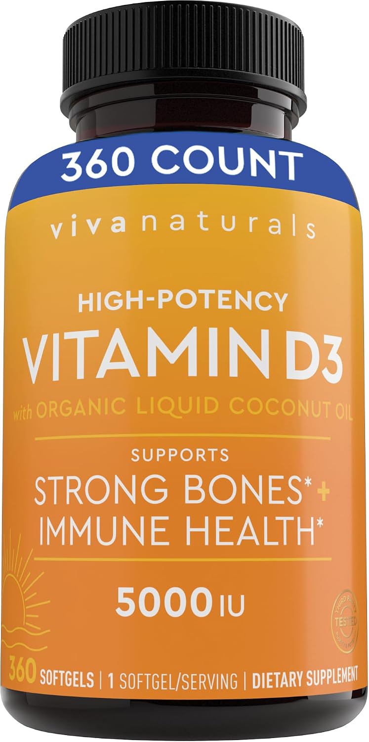 Vitamin D3 5000 IU Softgels (125 mcg), 360 Softgels - High Potency Vitamin D Supplements, Small & Easy to Swallow Softgels for Healthy Immune Function, Bones & Muscles, Made with Organic Liquid Coconut Oil