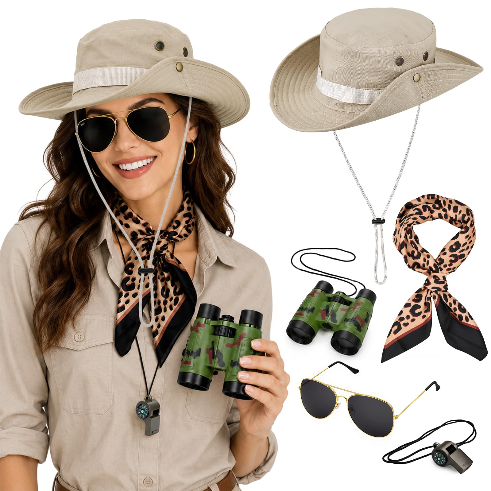Yotako 5 PCS Safari Costume Accessories Set - Zookeeper Costume for Women Men with Safari Hat Binoculars Scarf Sunglasses Whistle, Explorer Safari Outfit for Halloween Cosplay Theme Party