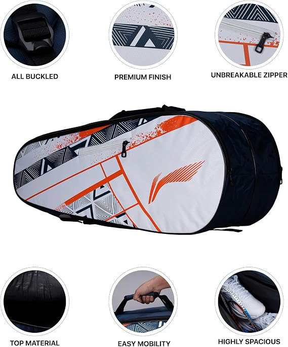 Li-Ning Raider Max Double Zipper Polyester Badminton Kit Bag (White) | سوستة غير قابلة للكسر | Easy Mobility | للجنسين - رجال ، أولاد ، فتيات ، نساء ، ABDS681-4
