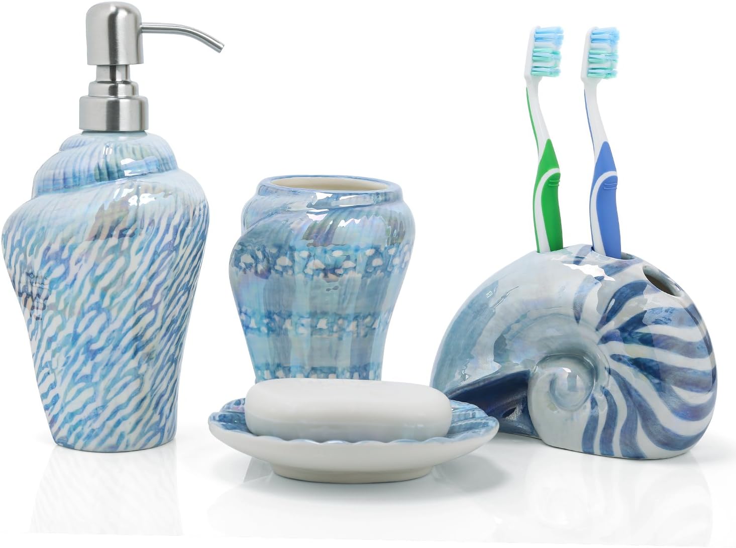 Ocean Conch Sea Shell Ceramic Bathroom Accessories Set of 4,1 Gargle Cups 1 Toothbrush Holders 1 Soap Dishes 1 Soap Dispenser (Blue)