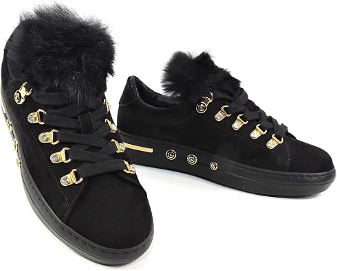 Baldinini Womens Suede Sneakers, Black with Fur Trim, Gold Hardware, Crystal Accents