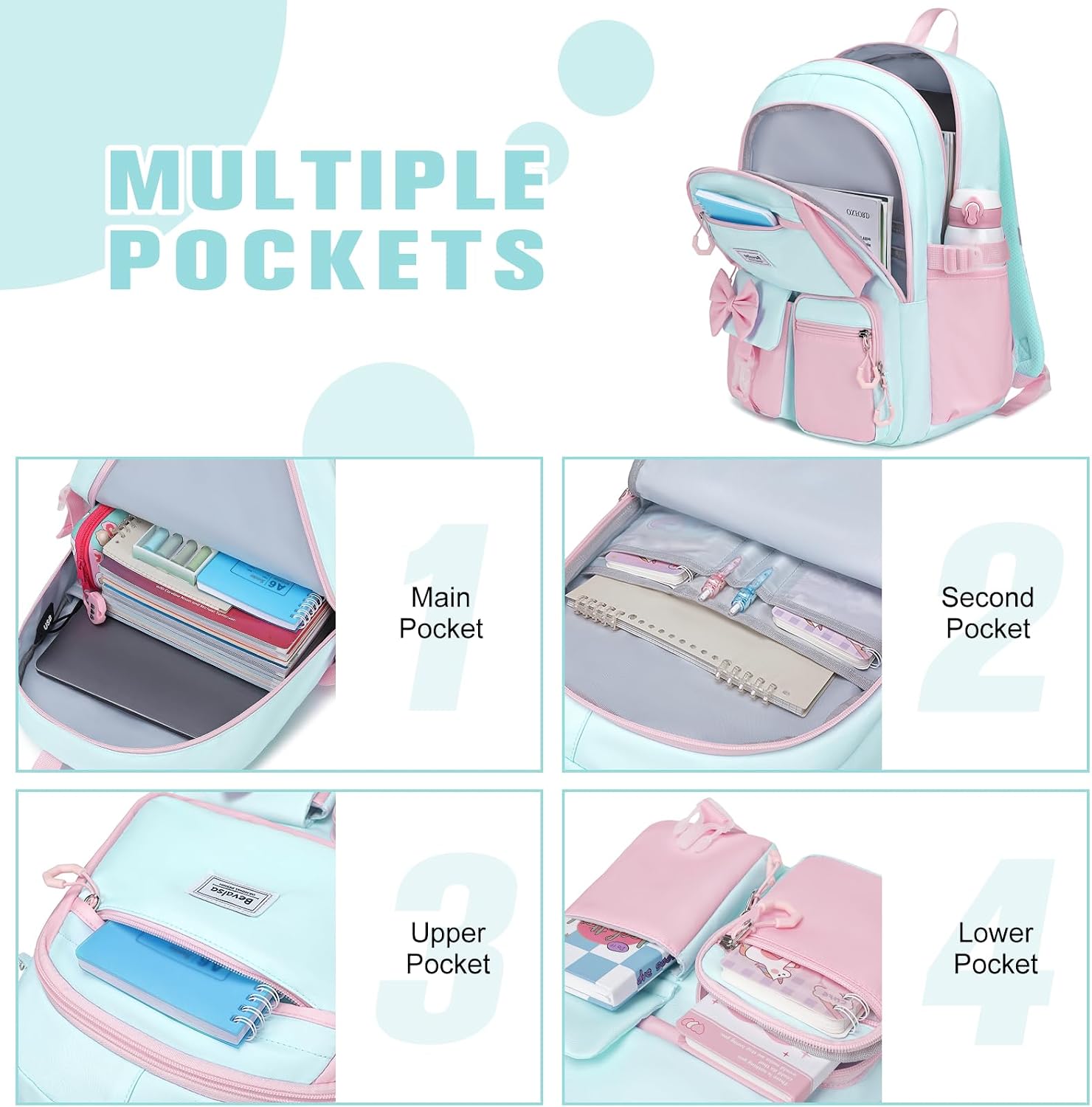  Backpack for Girls, Cute Bow School Bags for Kids with Lunch Bag & Pen Case, Bookbag for Girls Children Teens Elementary Middle Student, Back to School Gift with USB Charging Port thumbnail