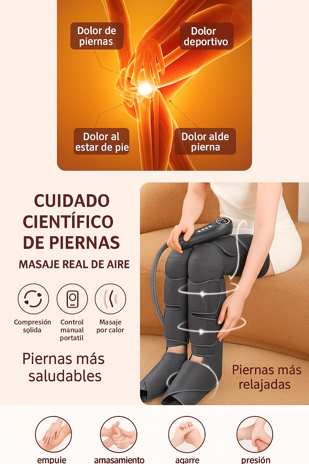 Masajeador de Piernas con Compresión de Aire, Calor y 3 Modos Inteligentes, 5 Niveles, Presoterapia Presión de Aire para Relajación Muscular, Alivio de Fatiga y Mejora de la Circulación
