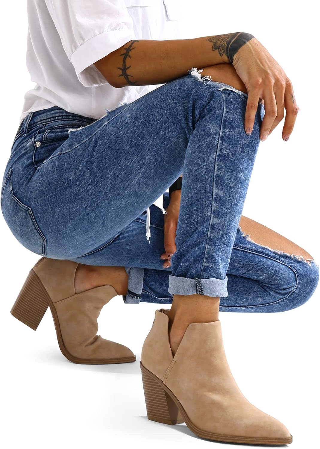 mysoft Women's Ankle Boots Slip on Cutout Pointed Toe Chunky Stacked Mid Heel Booties - Image 2