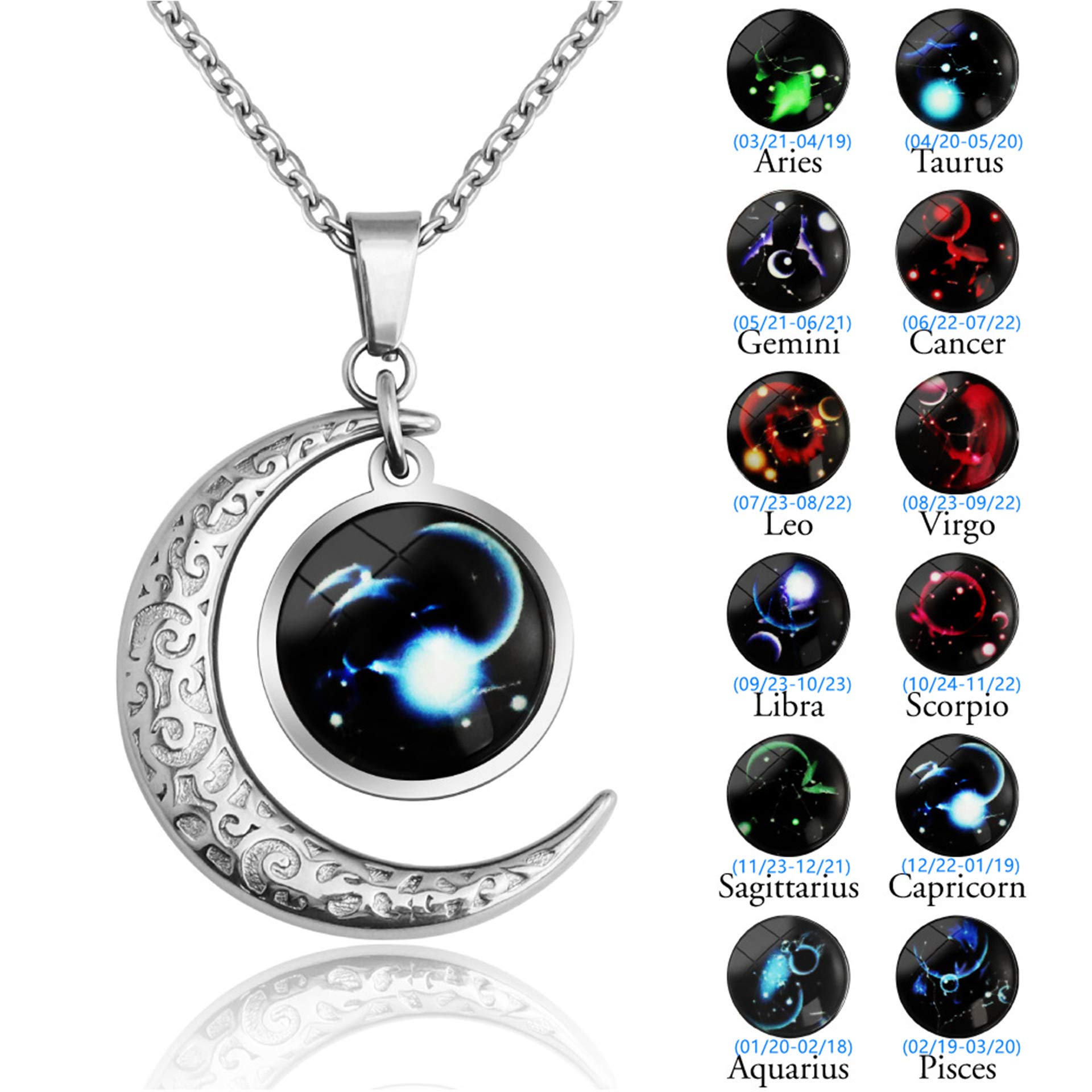 Collier Signe Astrologique Constellation Zodiaque Pendentif Croissant de Lune Garcon Galaxie Horoscope Bijoux Soeur d Amitie Acier Inoxydable