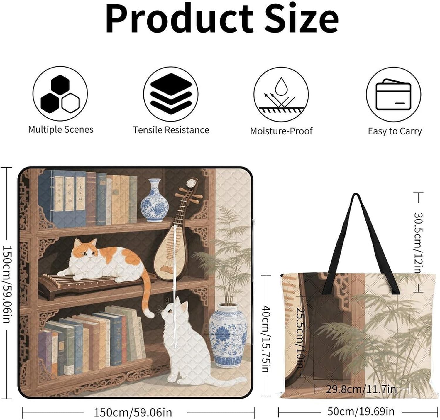Cat on The Shelf Picnic Blanket 150x150cm, Foldable 2-in-1 Picnic Mat and Tote Bag Portable Waterproof Beach Mat Sandproof Outdoor Blanket for Park, Hiking, Beach, Camping, Travel
