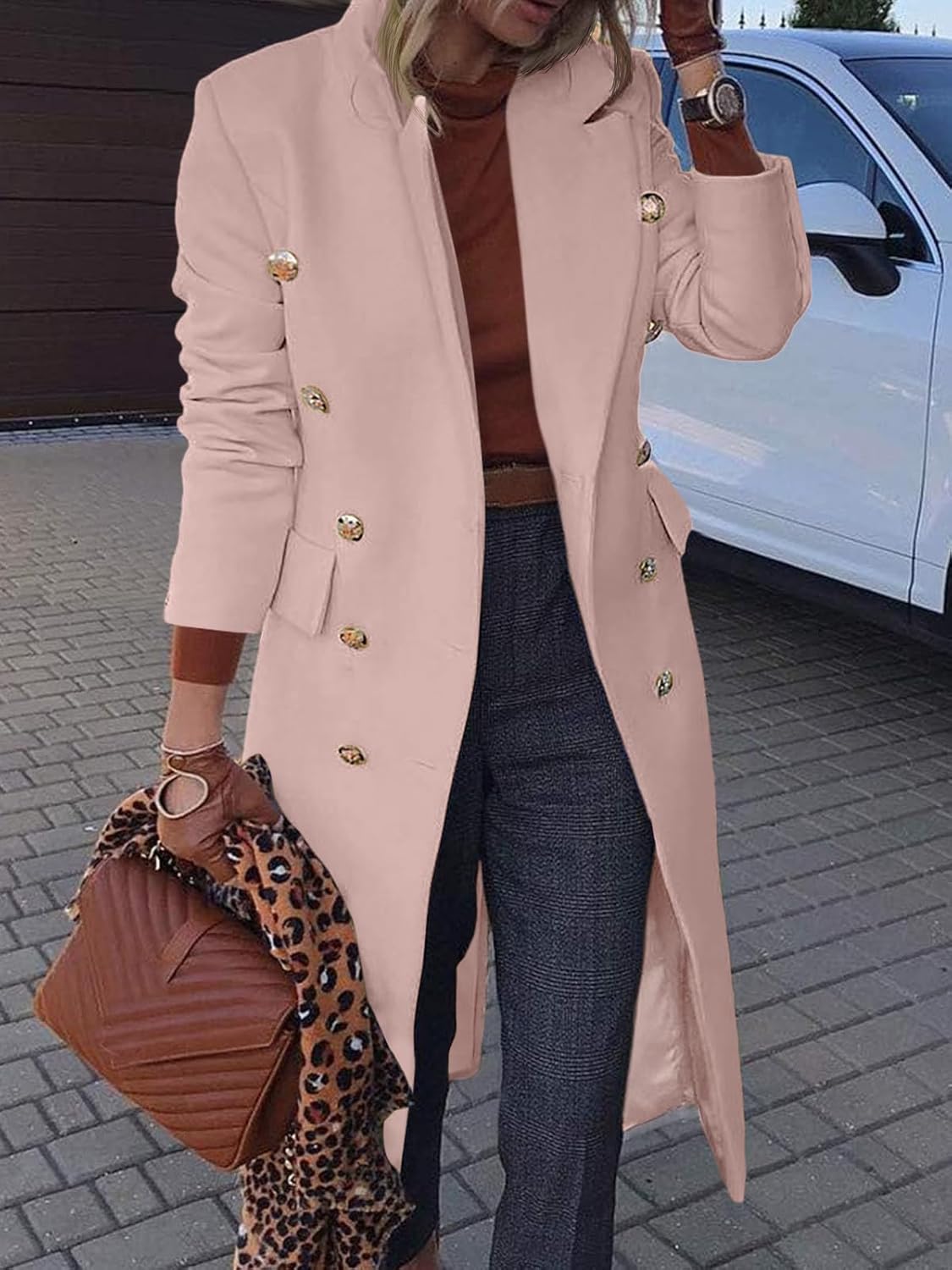 BZB Women's Elegant Notched Collar Double Button Slim Long Wool Blend Pea Coat Jacket