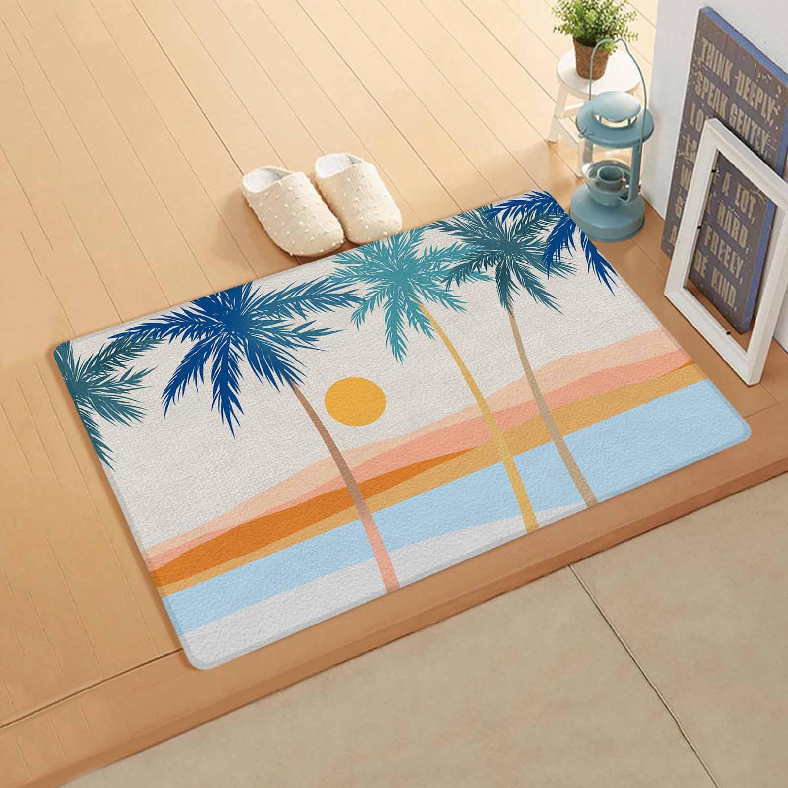 Summer Palm Tree Antifatigue Kitchen Bath Door Mat Cushioned Runner Rug,Washable Welcome Floor Sink Mat,Waterproof & Non-Slip Standing Doormat for Kitchen,Boho Geometric Contemporary Beach 18