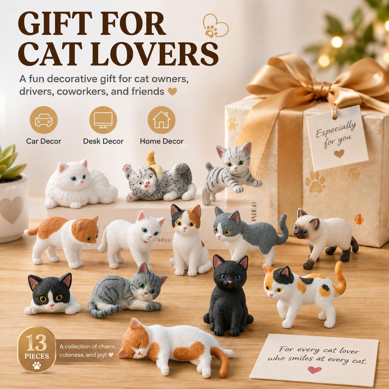 GOOGO Cat Figurines Set, 13 Pieces, epoxy Resin White Cats | Cat Figurines Set, 12 PCS, 709a, car and desk, organized setup, easy everyday handling