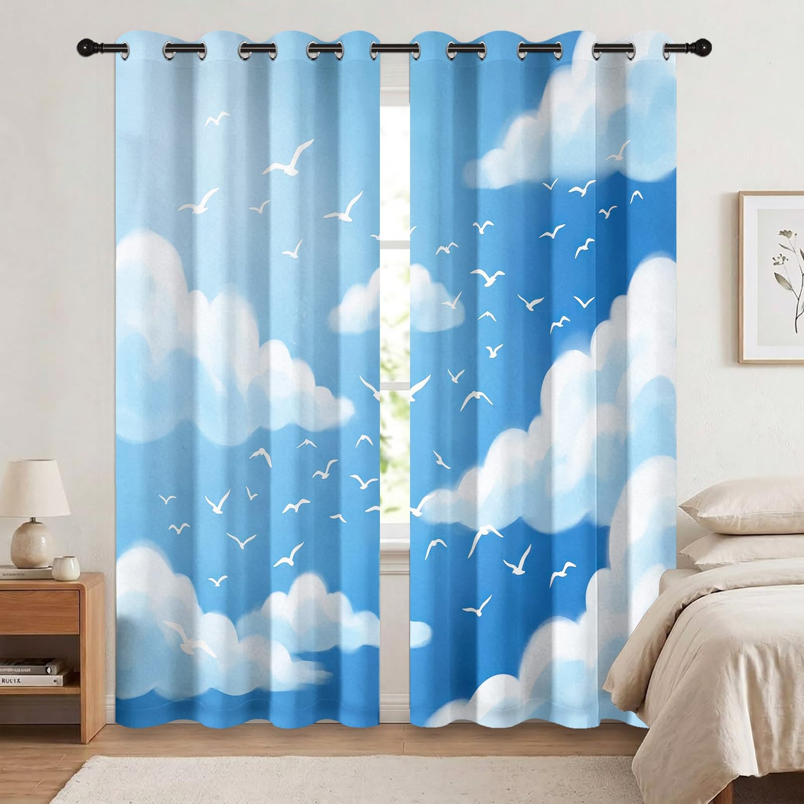 Rideaux Occultants Espace Oiseau 140L X 260H cm (2 Panneaux), Isolation Thermique Fixation par Oeillets Mouettes Nuages & Ciel Bleu pour Salle De Bain, Bleu Blanc