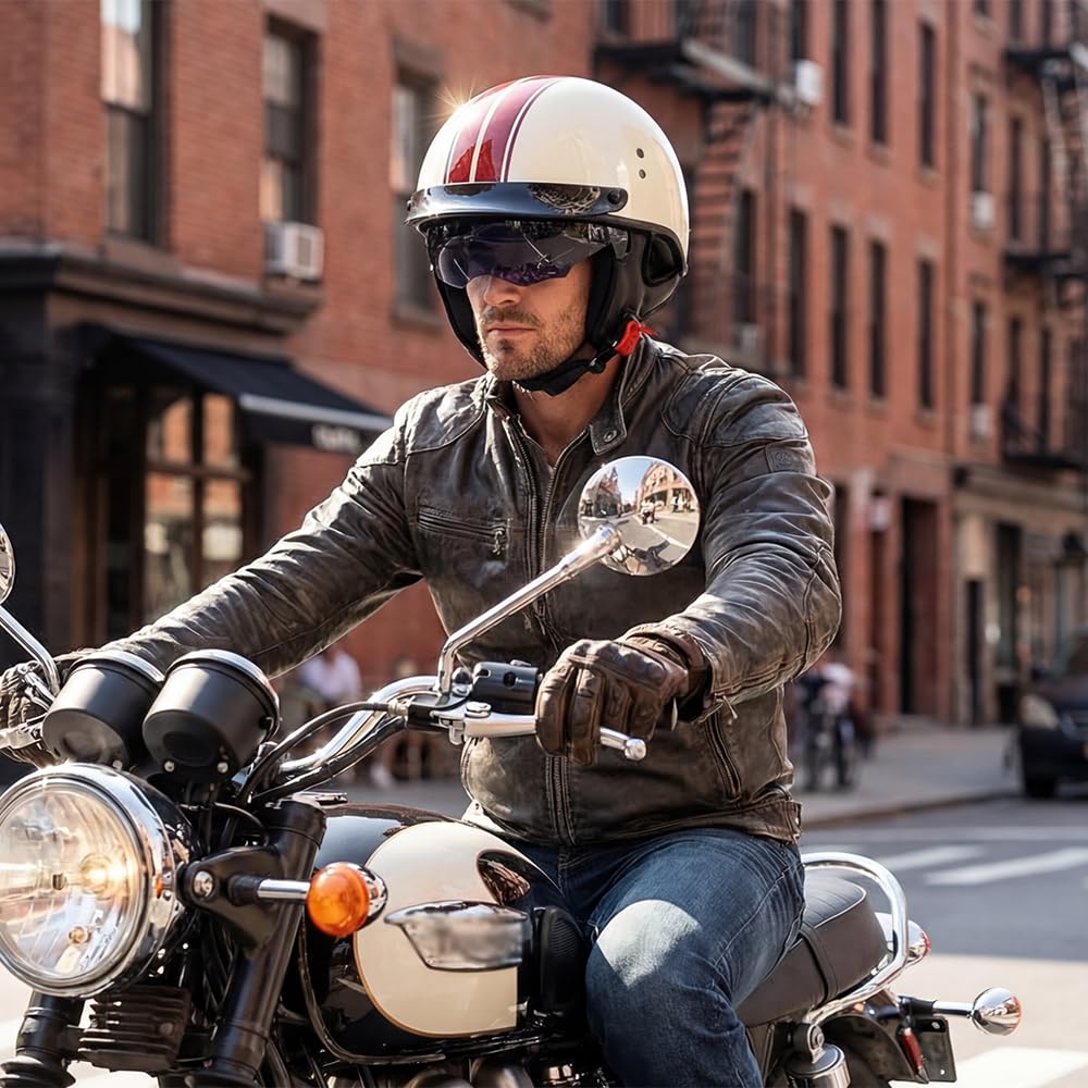 Halbschalenhelm Motorradhelm mit ABS-Schale ECE-zertifizierter Schnellverschluss und abnehmbarem Visier für Erwachsene | Chopper Helm, Mofa Helm Retro, JetHelm Halbhelm für Scooter