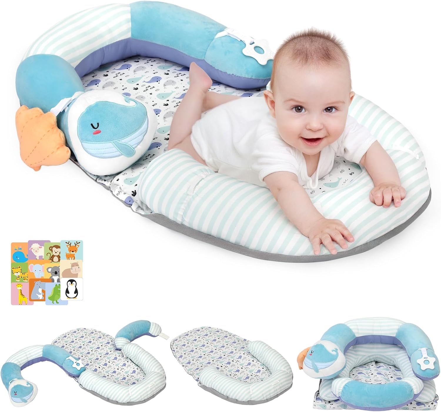 Foryoomi 4 in 1 Tummy Time Mat with Educational Cards, Play Mat & Sitting Support for Newborn 0-12 Months, Infant Baby Sit Me Up Floor Seat, Sensory Skills Gifts, Blue Whale