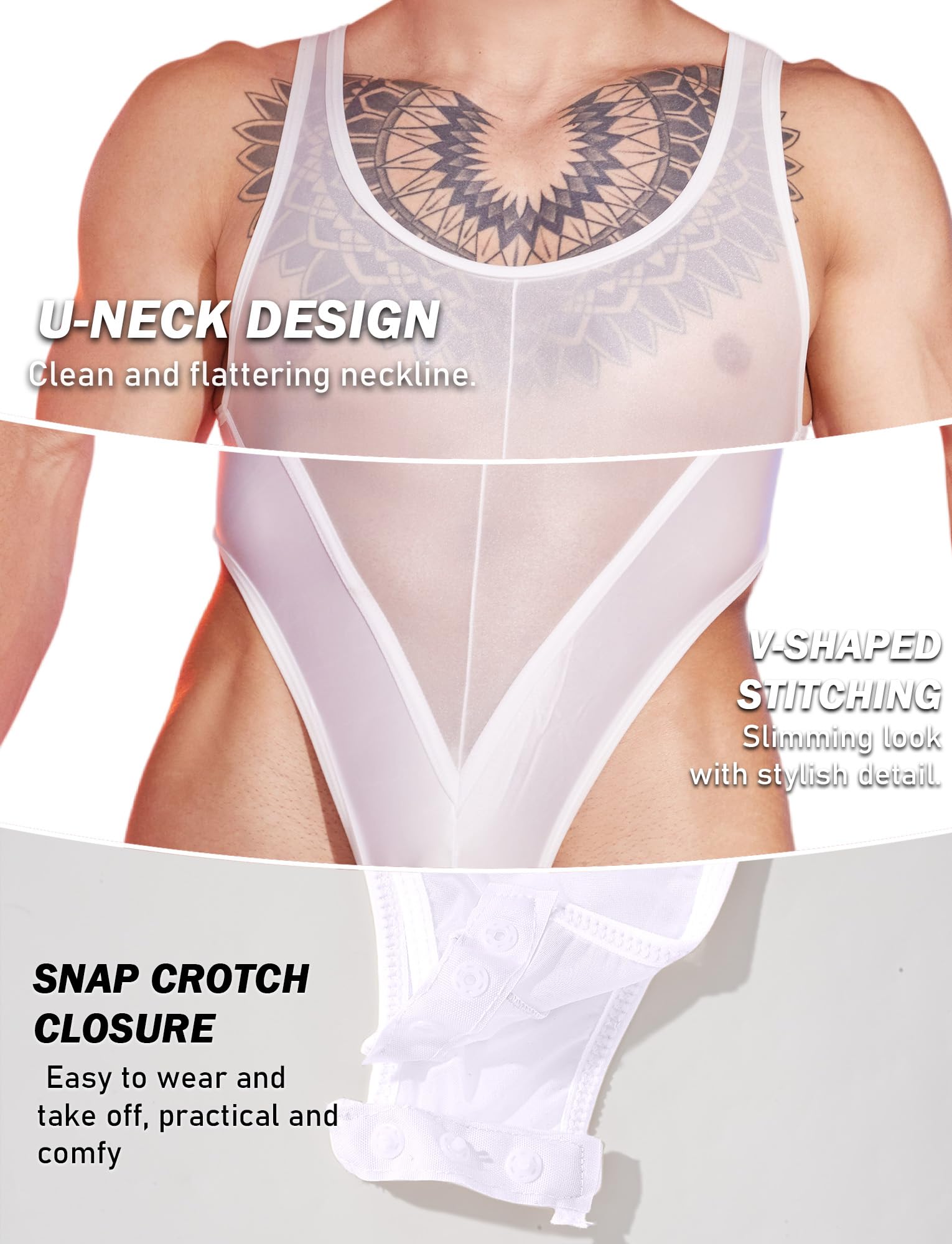 FEOYA Body Transparent pour Homme Brillante Bodysuit sans Manches
