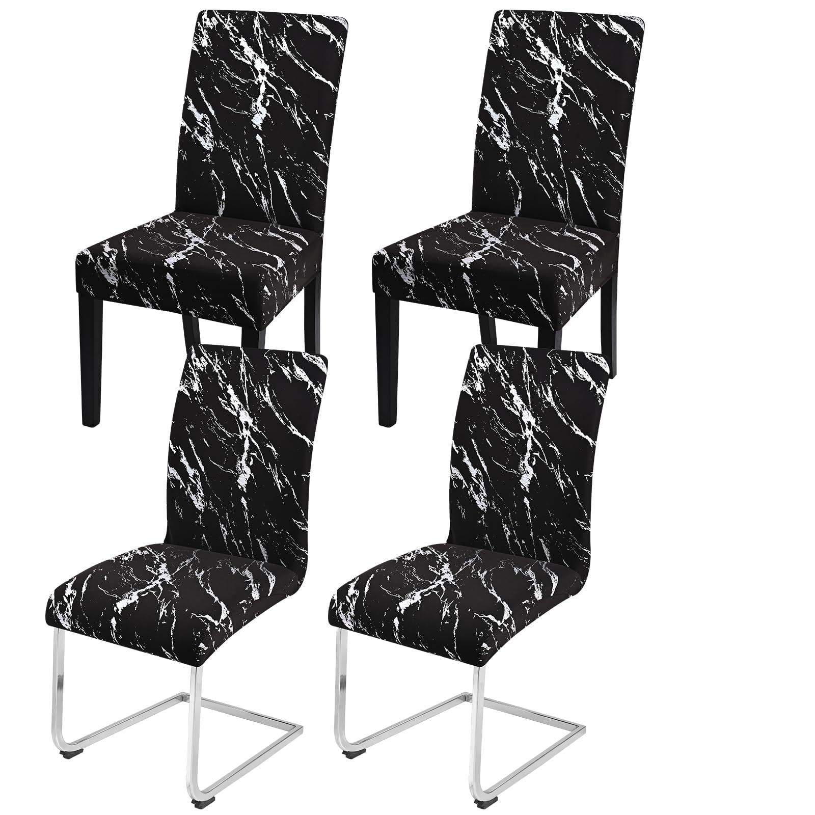 Alishomtll Dining Chair Covers Set of 4, Stretch Chair Slipcovers for Dining Chairs, Elastic Removable Washable Dining Room Chair Protector for Kitchen Hotel Banquet (Black Silver, 4 pcs)