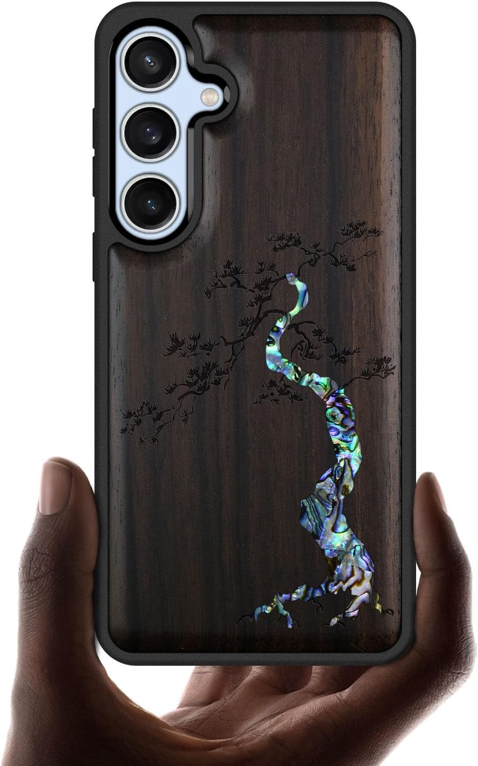 Carveit Designer Wooden Case for Samsung Galaxy S24 FE Case [Wood Engraving & Shell Inlay] Compatible with Wireless Chargers S24 FE Cover (Majestic Pine Tree-Blackwood)