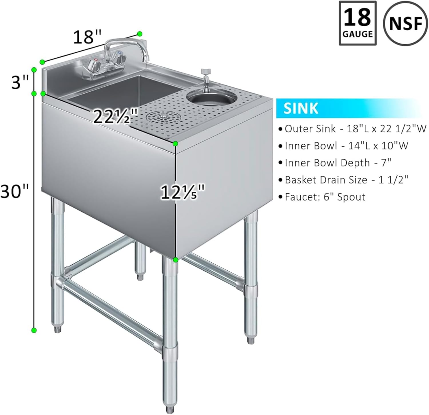 Mixology Station 22” x 18” Heavy-Duty 18-gauge 304 Stainless Steel - Underbar Hand Sink with Glass Rinser and Dipper Well – NSF Certified