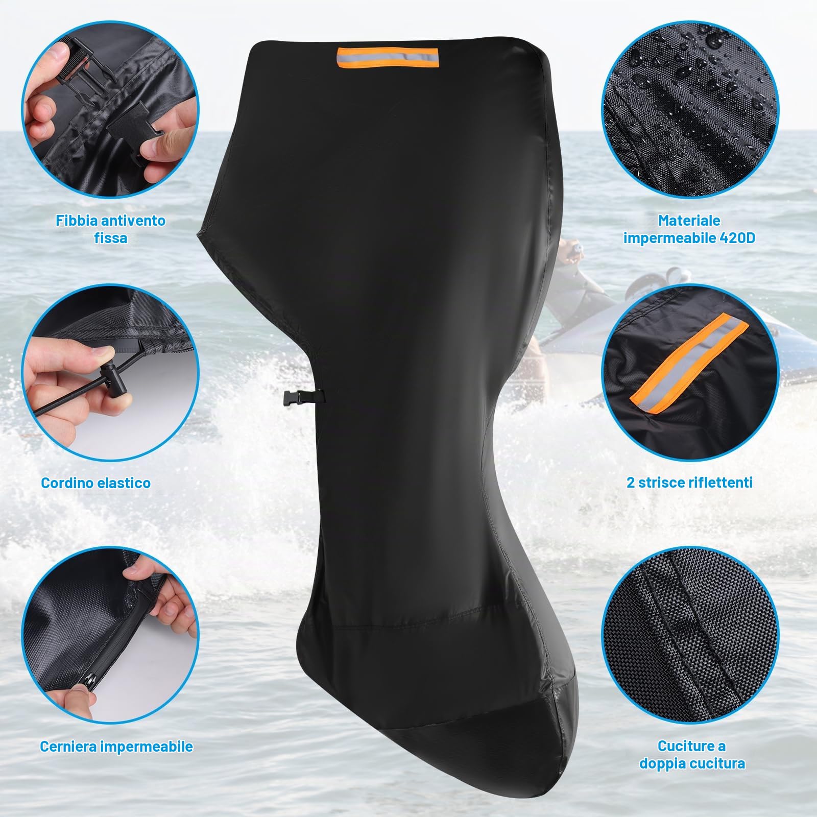 420D Oxford Coperture per Barche a Motore, Copertura Protettiva Completa del Motore Fuoribordo con 2 Strisce Riflettenti e 2 Corde di Coulisse, Cerniera Impermeabile e Fibbia Regolabile per 100-150 HP