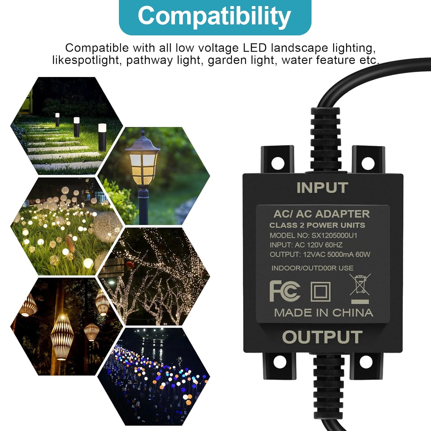 Low-Voltage Landscape Transformer, 60W 5A, converts 110V-120V AC to 12V AC. Landscape Lighting Transformer for Outdoor Lighting, Landscape Lighting, Swimming Pool Lights, LED Lights, Water Pumps, etc
