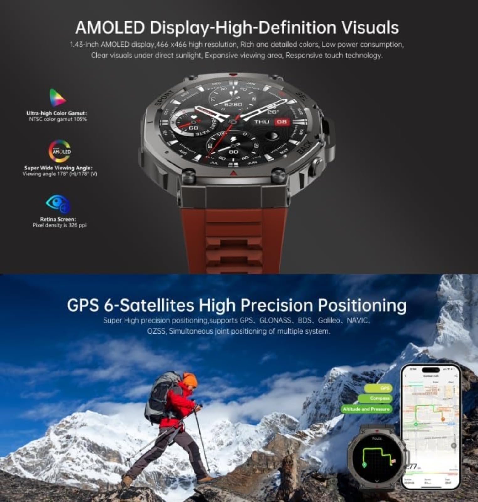 Orologio sportivo GPS per attività all'aperto: schermo AMOLED con posizionamento satellitare multiplo, impermeabile fino a 5 atm, oltre 170 modalità sportive per gli appassionati di attività