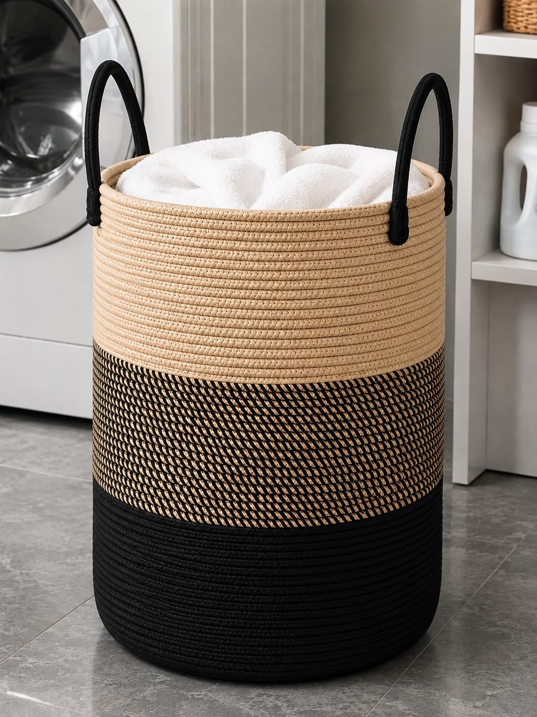 Large Laundry Basket - Rope Storage Laundry Basket for Living Room, Laundry Room, Dirty Cloths and Basket for Kids Room, Bedroom (Size - 14" x 14" x 18") (Beige Black Mix)-image-35