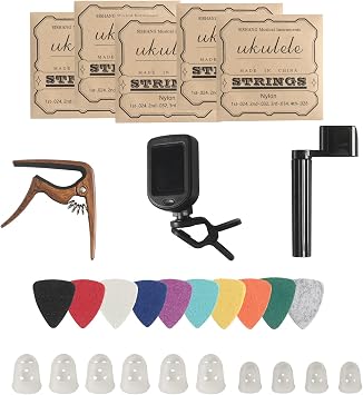 Ukulele Strings Accessories Kit, Nylon Ukulele Strings Set, Tuner, Felt Picks, Capo, Finger Protectors,String Winder for Soprano Concert Tenor Ukulele 28PCS, Walnut color