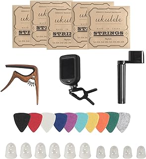 Ukulele Strings Accessories Kit, Nylon Ukulele Strings Set, Tuner, Felt Picks, Capo, Finger Protectors,String Winder for Soprano Concert Tenor Ukulele (28PCS, Walnut color)