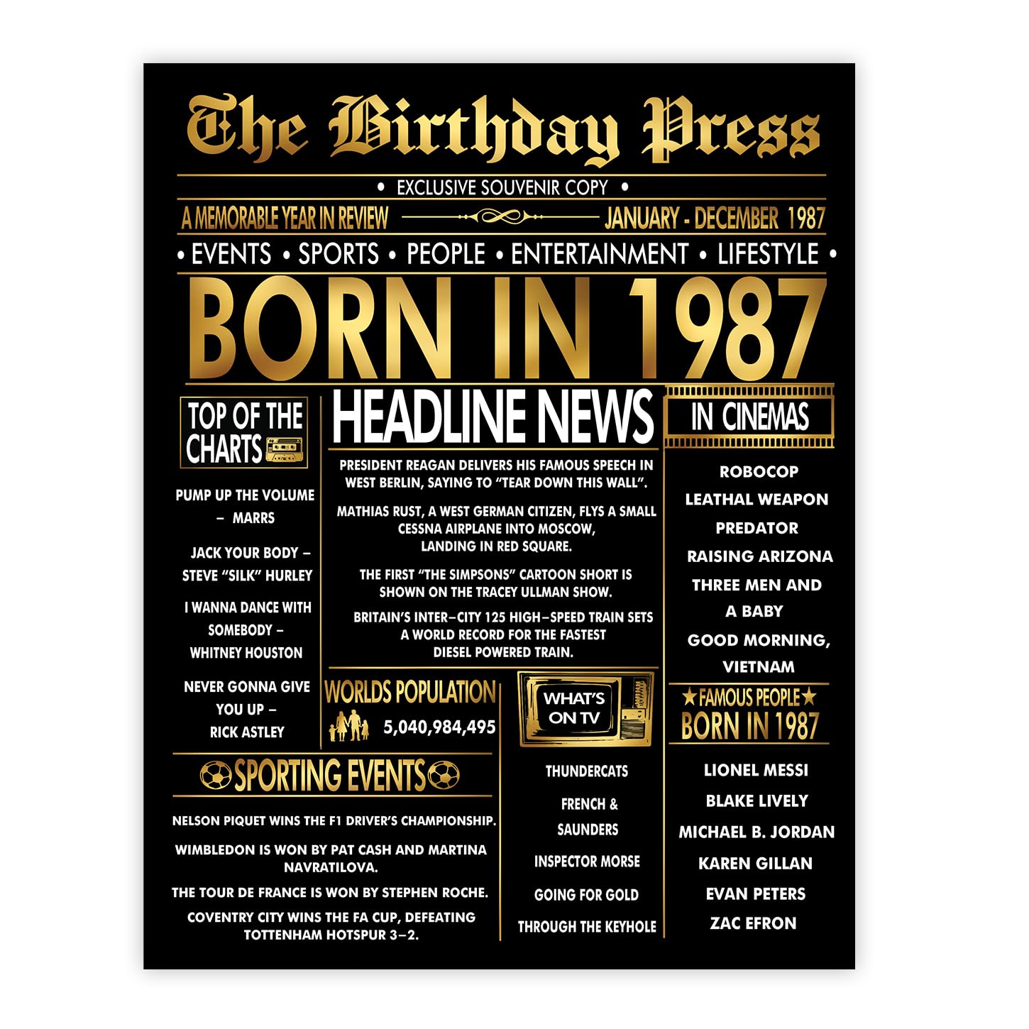 Stuff4 Gold 39th Birthday Poster Unframed, Golden Born In 1987 Newspaper