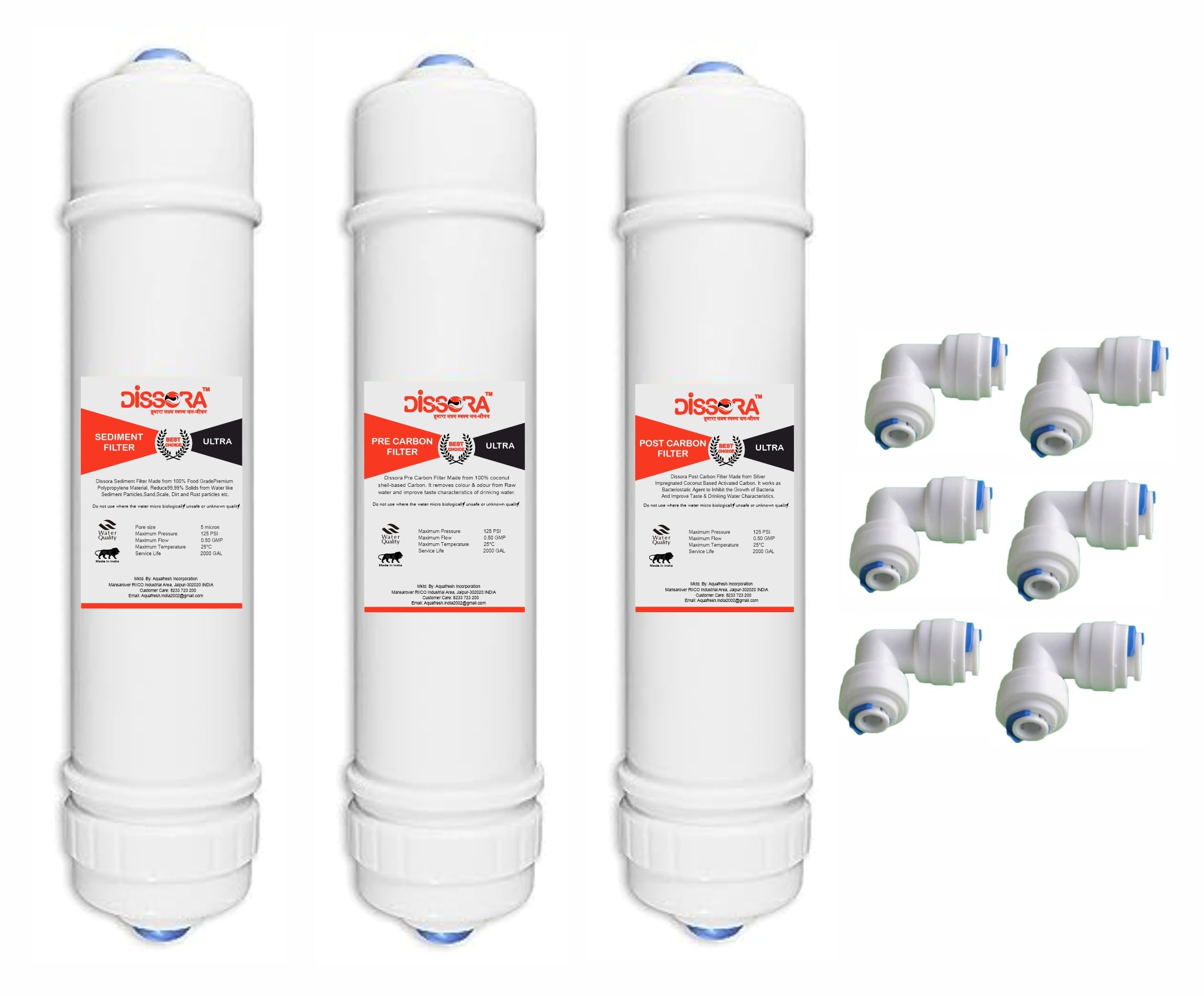 Dissora Ultra 10 Inch Inline Sediment, Pre Carbon and Post Carbon Filter Cartridge Set, Suitable for All Kind of RO UV UF Water Purifier, Pack of 3