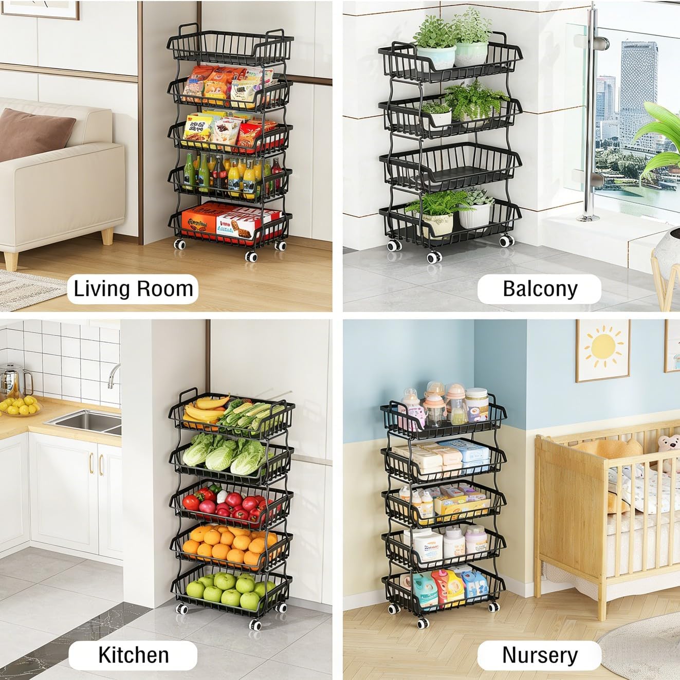 Metal Wire Basket with Top Handle and Rolling Wheels, Stackable Separable Storage Cart, Heavy Duty Organizer for Kitchen, Bathroom, Bedroom