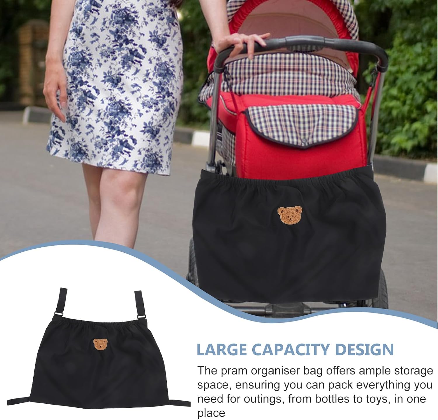 Mikinona Stroller Hanging Storage Bag Organizer for Diapers and Bottles, Black Nylon Pushchair Travel Carry Bag with Bear Pattern, Large Capacity Stroller Organizer for Outings