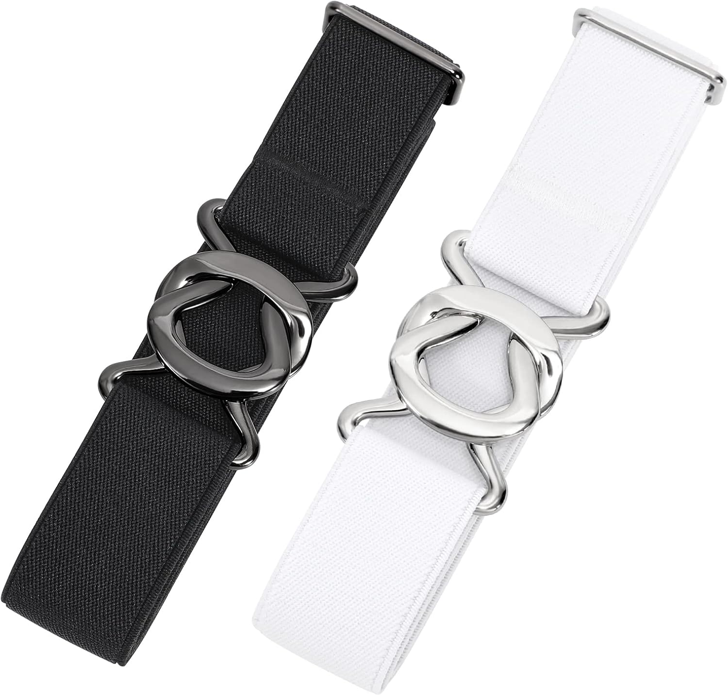 JASGOOD Women No Show Stretch Belt 2 Pack Adjustable Elastic Web Belt with Flat Buckle for Jeans Pants Casual Belts