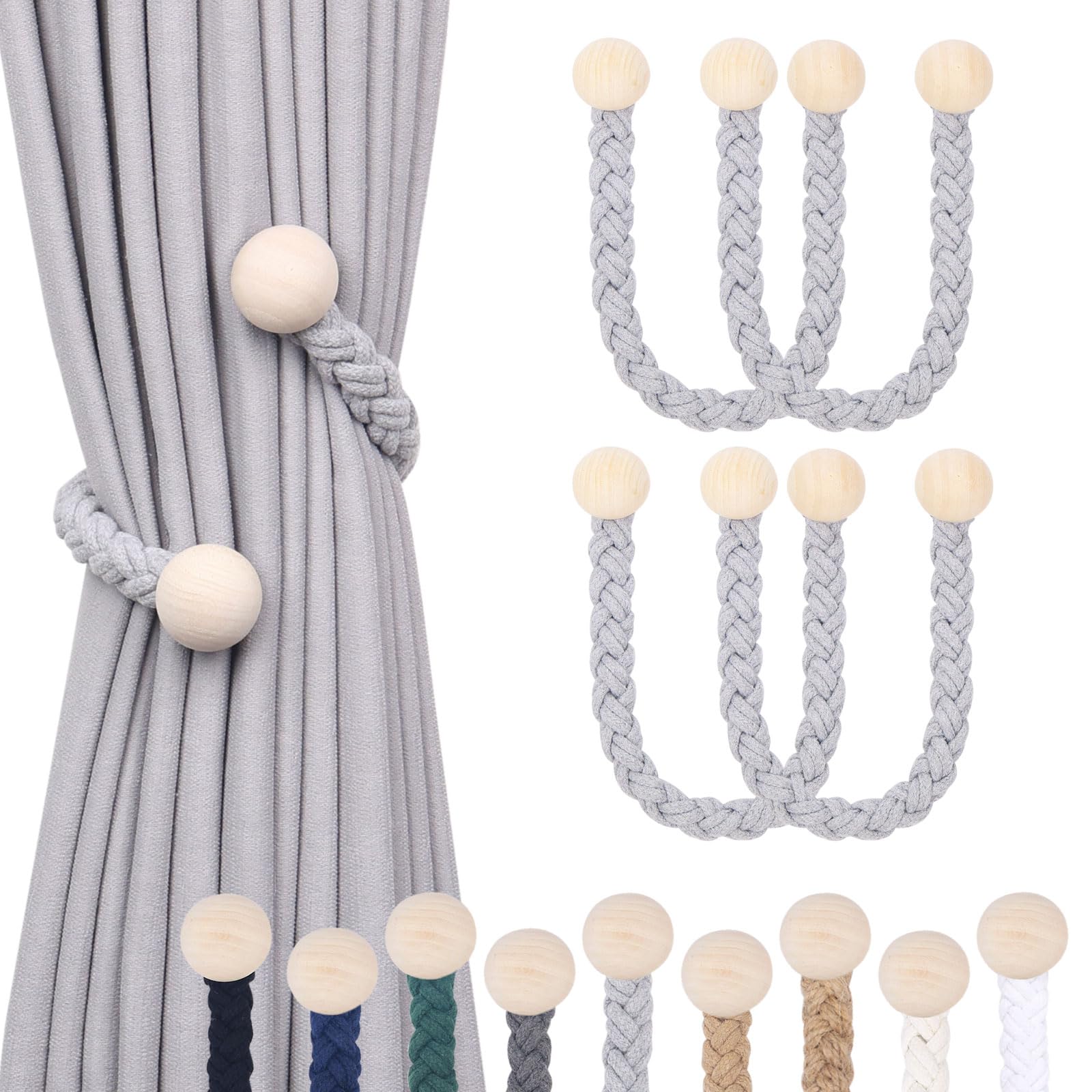 Pretty Jolly Wooden‑Ball Curtain Tiebacks, Soft Hand‑Woven Rope