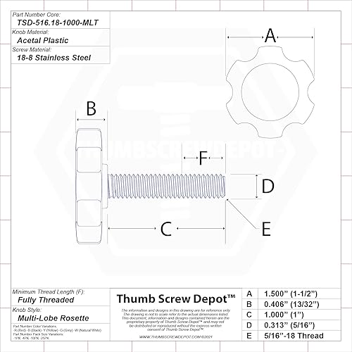 Miniatura 2 de Tornillo de pulgar de acero inoxidable de 516"-18 x 1" - Pomo de plástico roseta de múltiples lóbulos negro - Tornillo de rosca estándargruesa -