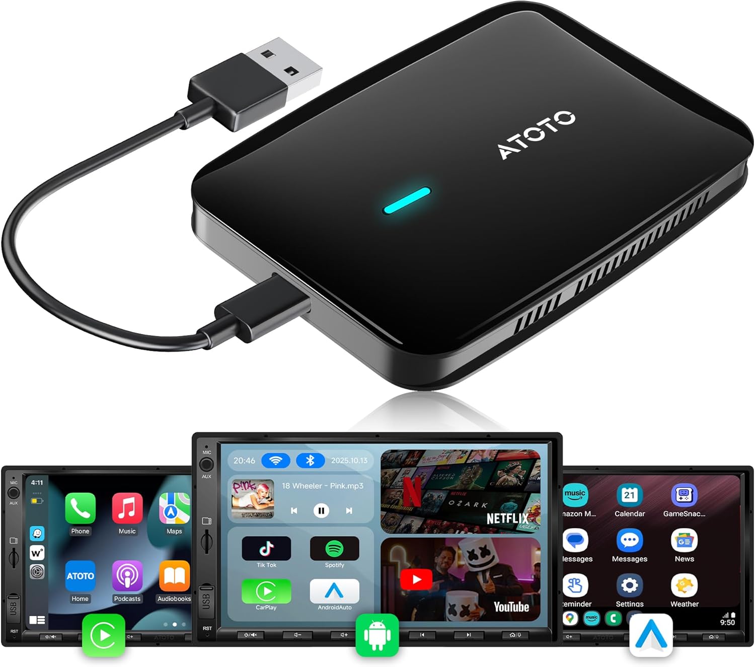 Wireless CarPlay & Android Auto Adapter, 3-in-1 Car Video Box for OEM Wired CP/AA, Dual WiFi & Bluetooth IoT Hub, Supports for Netflix/YouTube/TikTok/TF Card, DriveChat AI Voice