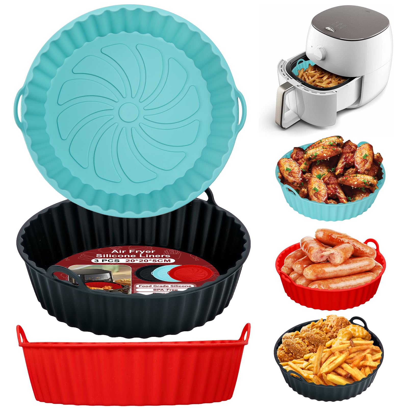 Alyvisun Moldes Silicona Freidora de Aire, 3 Piezas Recipientes Bandeja para Freidora sin Aceite Reutilizable Redondo Utensilios Cesta para Air Fryer, Microondas, Horno (Rojo+Negro+Azul)