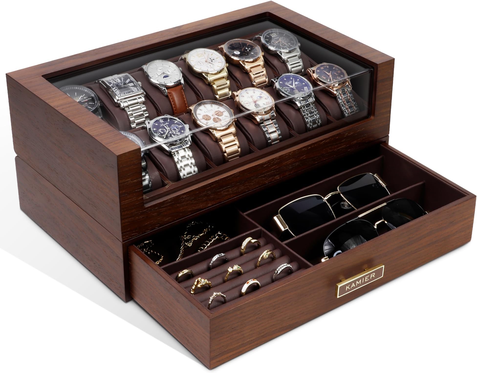 KAMIER High End Watch Box for Men, 12 Slot Wooden Watch Case With Drawer, Watch Display Box with Glass Lid, 2-Layer Watch Holder for Jewelry and Watch Storage for Men Women, (With Gift Box,Card)